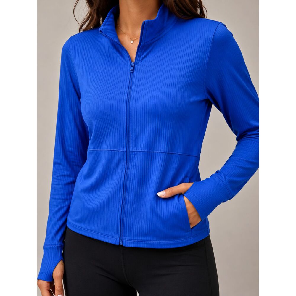 Spyder Active Blue Ribbed Zip Front Athletic Jacket Slimming Women’s Small